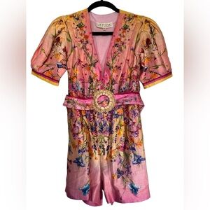 La Fuori Silk Floral Embroidered Romper Shorts Jumper Belted Pink XS
